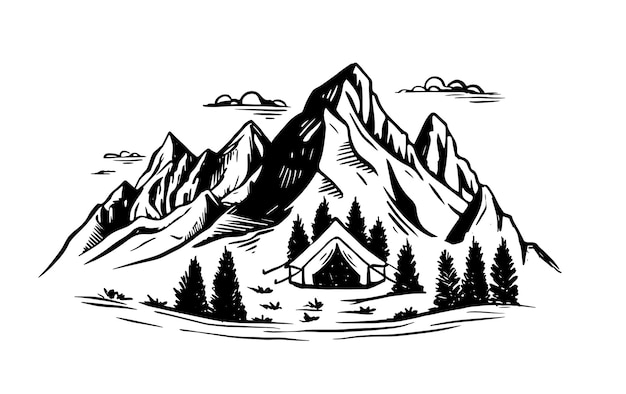 Kamperen in de natuur Berglandschap schets stijl vector illustraties