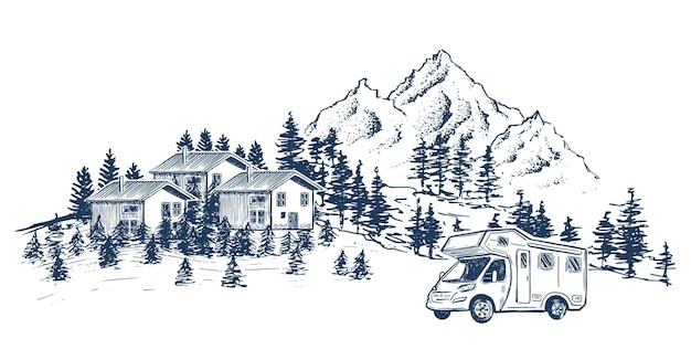 Kamperen in de natuur camper Berglandschap handgetekende stijl vectorillustraties