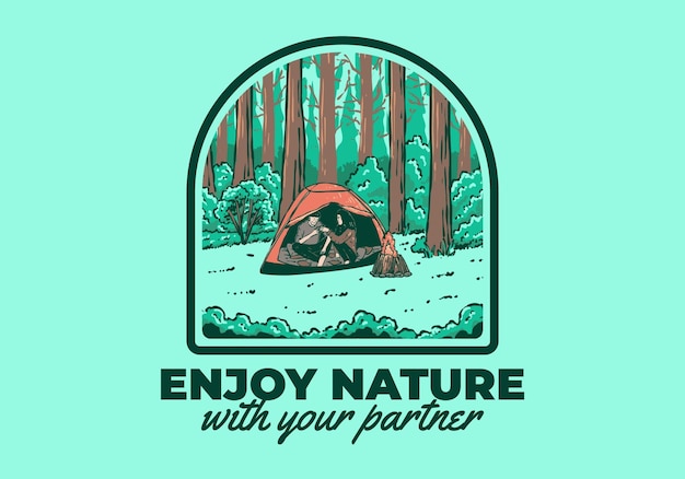 Vector kamperen in de natuur met partner vintage outdoor illustratie