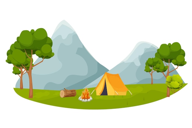 Kamperen met bos, berg, tent en vuur, landschap in cartoonstijl, sticker, embleem