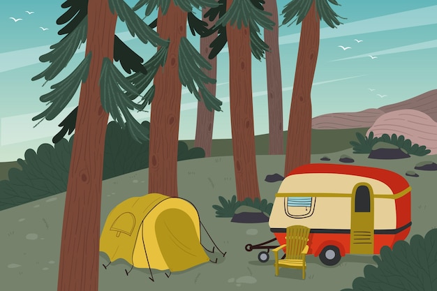 Vector kamperen met een caravanillustratie