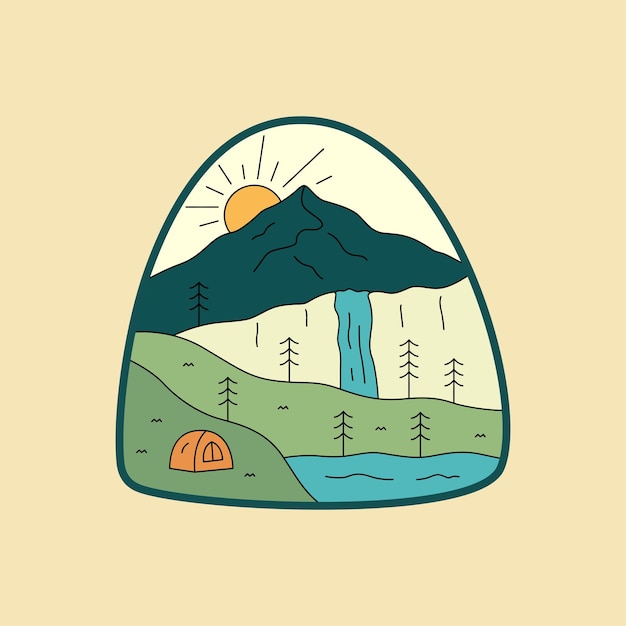 Kamperen op de waterval natuur ontwerp voor sticker tshirt badge embleem en andere