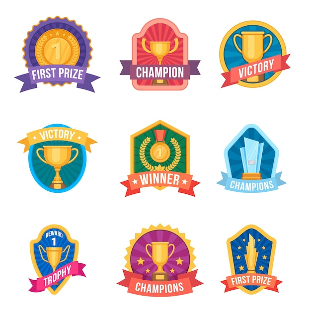 Kampioen emblemen. trofeeënbekers en medailles op awardlogo's en sportligabadges. toernooi overwinning. cartoon winnaar eerste prijs vector set. verwezenlijking van embleem, kampioenschapsinsignes