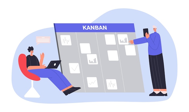 Kanban 보드 개념 함께 작업하고 계획을 만드는 두 명의 남성 직원 만화 팀에 대한 작업 할당