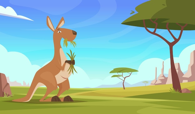 Vector kangaroo background cartoon australian landscape with wildlife animals kangooroo plants and rocks exact vector illustrations