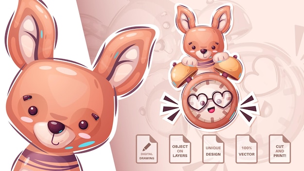 Vector kangaroo and clock cartoon characters cute amimal clock illustration for kids