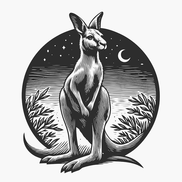 kangaroo illustration with engraving