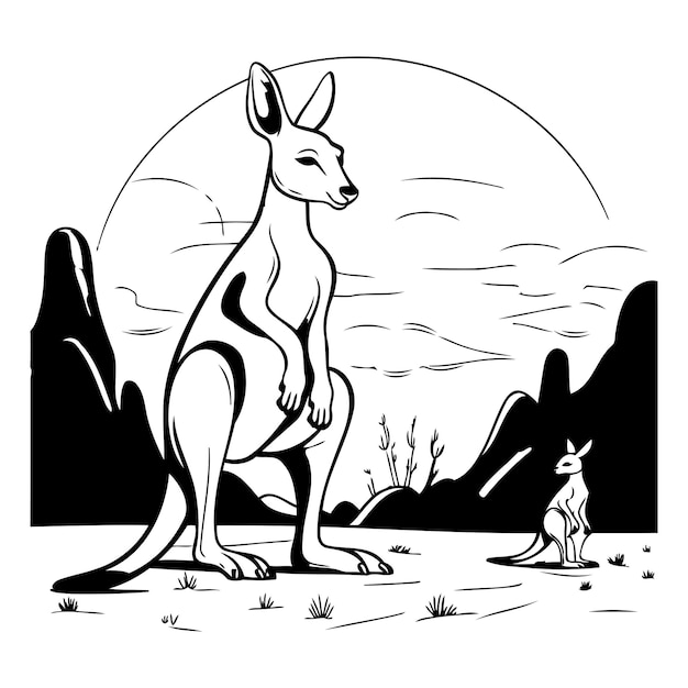 Vector kangaroo in het wild zwart-wit vector illustratie