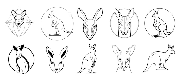 Vector kangaroo logo set sketch hand drawn in doodle style illustration