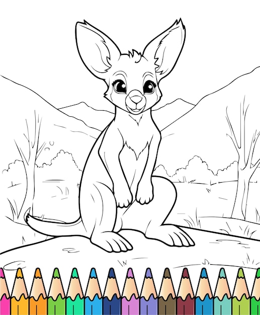 A kangaroo sits on a hill with colored pencils.