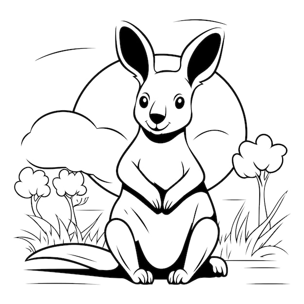 Kangaroo sitting on grass black and white vector illustration for coloring book