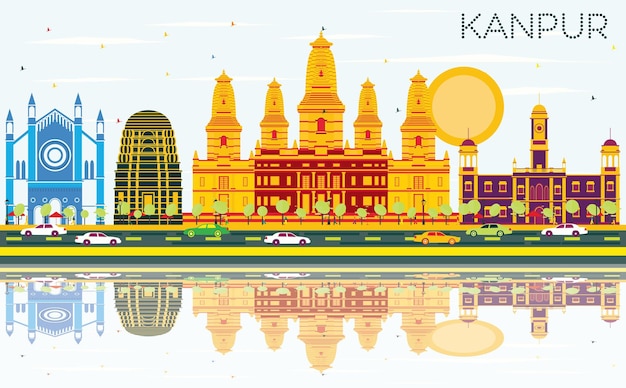 Kanpur India City Skyline met kleur gebouwen, blauwe lucht en reflecties. Vectorillustratie. Zakelijk reizen en toerisme Concept met historische architectuur. Kanpur stadsgezicht met monumenten.