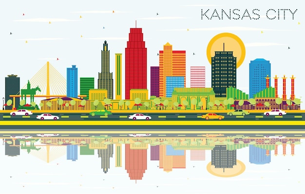 Orizzonte della città di kansas city missouri con edifici di colore cielo blu e riflessi