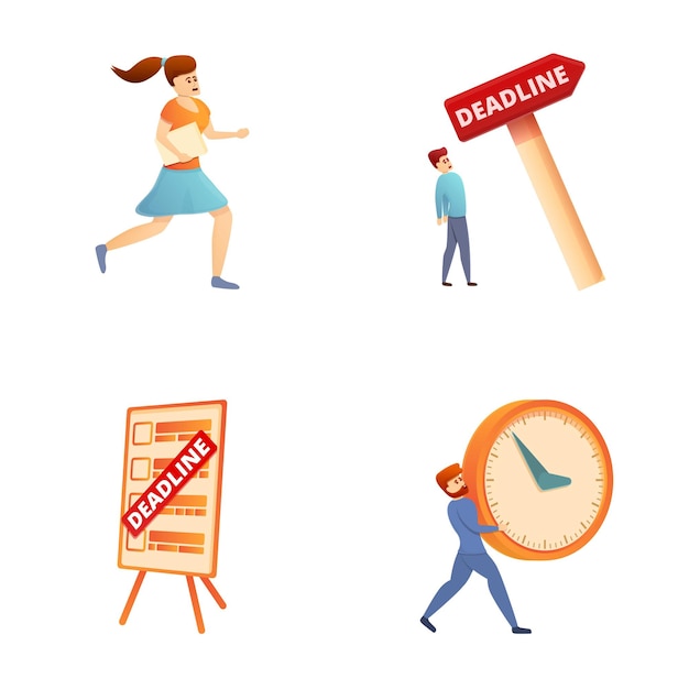 Kantoor deadline iconen set cartoon vector gestrest werknemers die overwerk doen