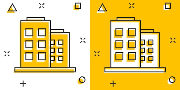 Kantoorgebouw teken pictogram in komische stijl appartement vector cartoon afbeelding op witte geïsoleerde achtergrond architectuur bedrijfsconcept splash effect