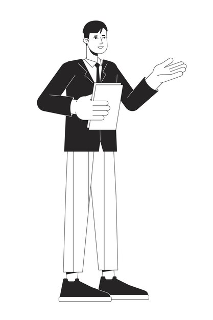 Kantoorman presenteert zakelijk verslag op het werk platte lijn zwart wit vector karakter Bewerkbare omtrek volledig lichaam persoon op wit Eenvoudige cartoon geïsoleerde spot illustratie voor web grafisch ontwerp