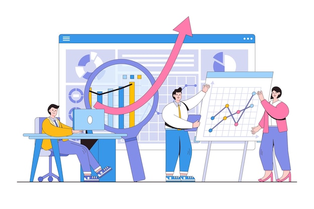 Kantoormedewerkers bestuderen infographic analyseren en bespreken van presentatie met grafieken Schetsontwerpstijl minimale vectorillustratie voor landingspagina webbanner infographics heldafbeeldingen