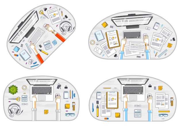 Kantoormedewerkers of ondernemers bureaus werkplekken met handen en pc-computers en diverse kantoorbenodigdheden voor werk, bovenaanzicht. Alle elementen zijn eenvoudig afzonderlijk te gebruiken. Vectorreeks.