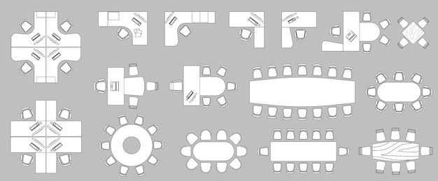 Kantoormeubilair elementen bovenaanzicht vector set Kit voor plan van kantoor huis appartement werkruimte collectie van interieur pictogram tafel stoel bank plant symbool voor interieur design project