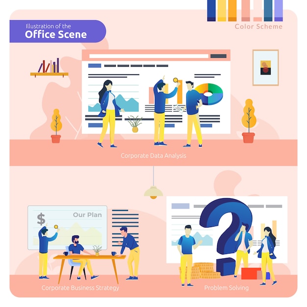 Kantoorscene in set van pack, analyse van bedrijfsgegevens, strategie en probleemoplossing