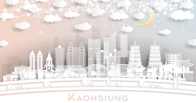 Kaohsiung Taiwan City Skyline in Paper Cut Style with White Buildings Moon and Neon Garland