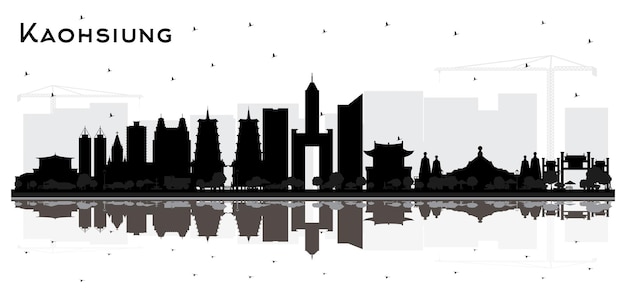 Kaohsiung Taiwan City Skyline Silhouette with Black Buildings and Reflections Isolated on White