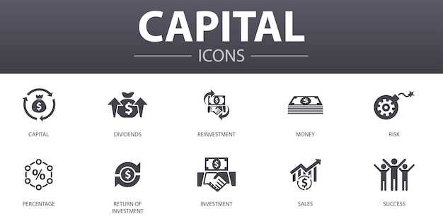 Kapitaal eenvoudig concept pictogrammen instellen. Bevat iconen zoals dividenden, geld, investeringen, succes en meer, kan worden gebruikt voor web, logo, UI/UX