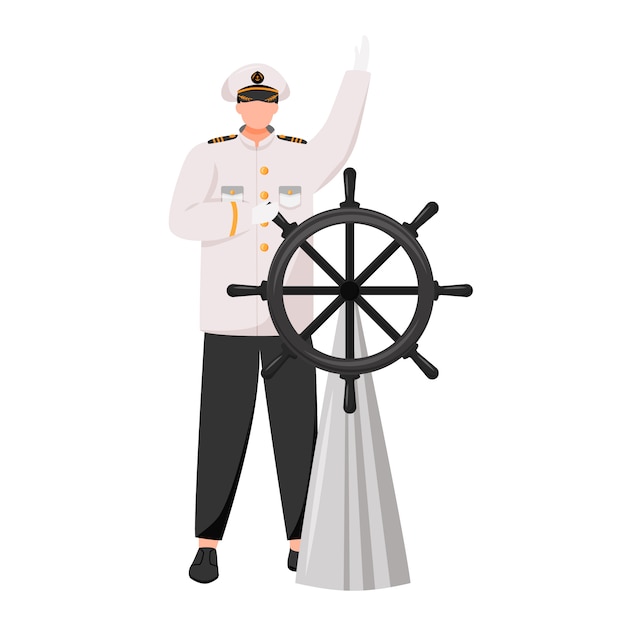 Vector kapitein vlakke afbeelding. navigator met roer. cruiseschip. zeevaarder. schipper in werk uniforme geïsoleerde stripfiguur op witte achtergrond