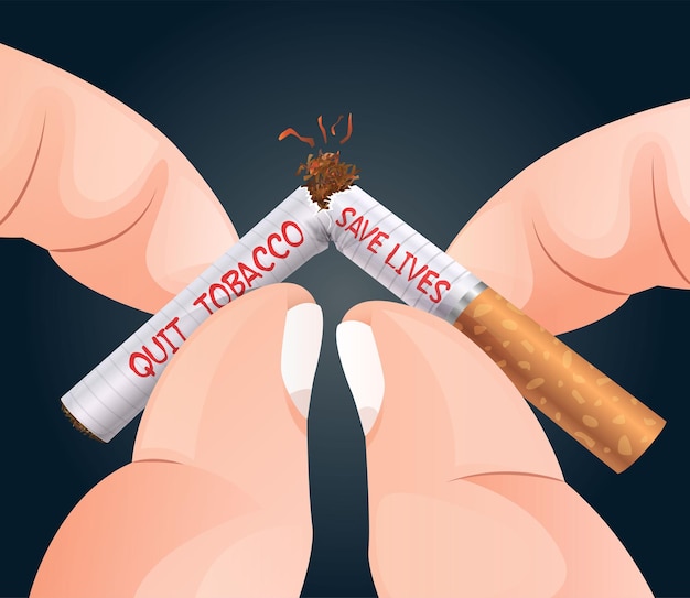 Kapotte sigaretten met een in het rood geschreven bericht Quit Tobacco voert nu campagne om te stoppen met roken