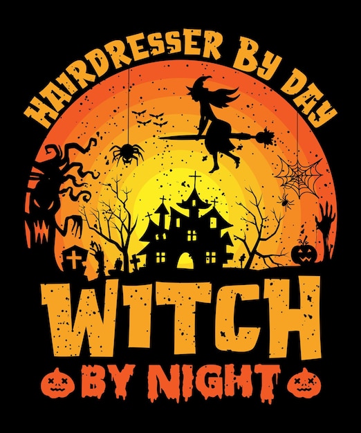 Kapper overdag heks 's nachts Halloween retro vintage t-shirtontwerp