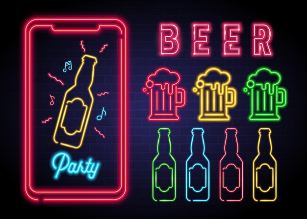 Kapper partij logo en telefoon icon set met neon licht gloeiende elementen