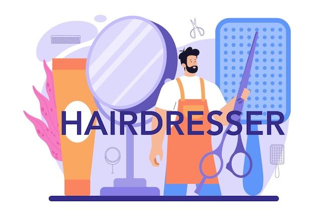 Kapper typografische kop. idee van kappers in salon. schaar en borstel, shampoo en kapselproces. haarkleuring en styling. geïsoleerde vectorillustratie