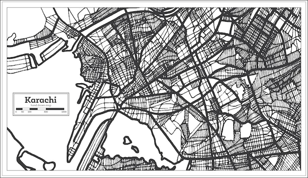 Mappa della città di karachi pakistan in colore bianco e nero. illustrazione di vettore. mappa di contorno.
