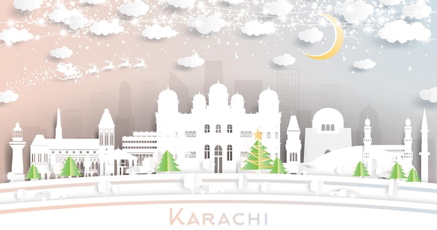 눈송이 달과 네온 화환이 있는 종이 컷 스타일의 카라치 파키스탄 도시 스카이라인