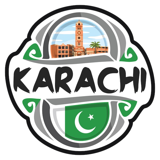Karachi Pakistan vlag reizen Souvenir Sticker Skyline Logo Badge stempel zegel embleem Vector SVG EPS