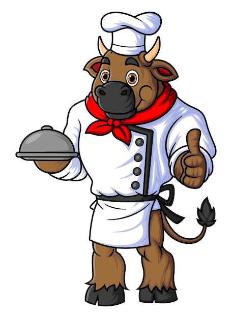 Karakter een grote stier die werkt als een professionele chef-kok die een uniform draagt en duimen omhoog steekt