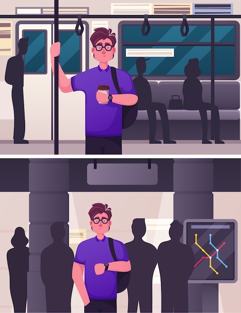 Karakter illustratie van openbaar ondergronds stadsvervoer scène set. man passagier rijdt in de metro, wachtend op de trein van aankomst op het station. stedelijke verkeersinfrastructuur, vervoer door de burger