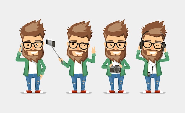 Vector karakter mannen hipster. de set van poses met het gebruik van populaire gadgets.