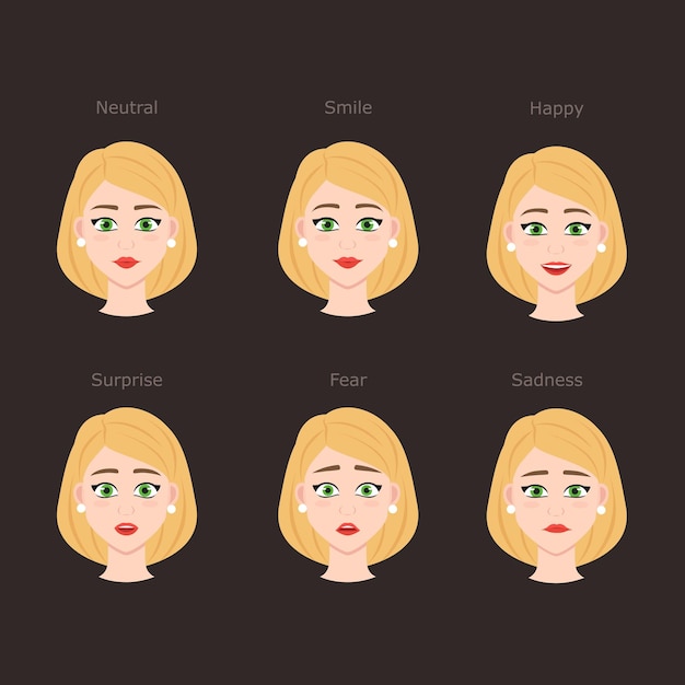 Karakter meisje gezichten set pack van vrouwen emoties voor animatie spel onderwijs of reclame avatar van mooie dame vector