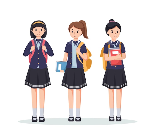 Karakter meisjes middelbare scholier in schooluniform