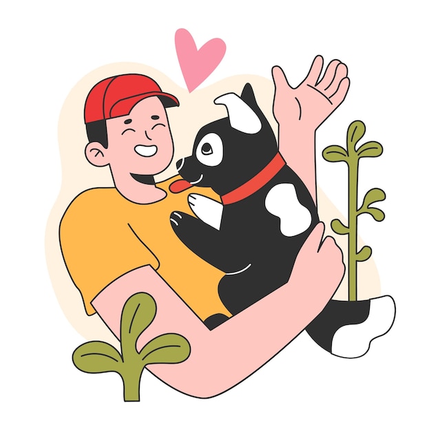 Karakter met een hond Gelukkige man en huisdier brengen samen tijd door Vriendschap tussen dier en huisdiereigenaar Leuke scène Platte vectorillustratie