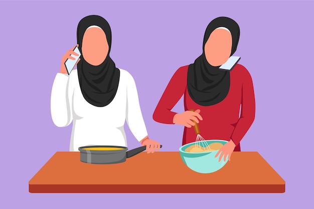 Karakter plat tekenen van twee Arabische vrouw gesprekken op smartphone tijdens het bereiden van het diner in de gezellige keuken en het kneden van cakedeeg met behulp van handmatige handmixer Vrienden bereiden voedsel Cartoon ontwerp vectorillustratie