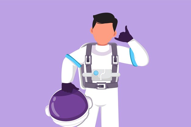 Karakter platte tekening actieve mannelijke astronaut met helm met bel me gebaar in een ruimtepak en klaar om de ruimte te verkennen op zoek naar mysteries van het universum Cartoon ontwerp vectorillustratie