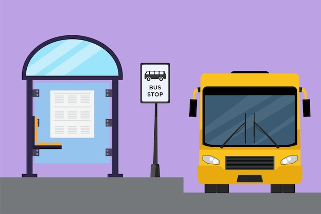 Karakter platte tekening bushalte met onderdak eenvoudige bus teken informatie poster bankje en gele bus wachtende passagiers om in en uit te stappen vervolg de reis Cartoon design vector illustratie