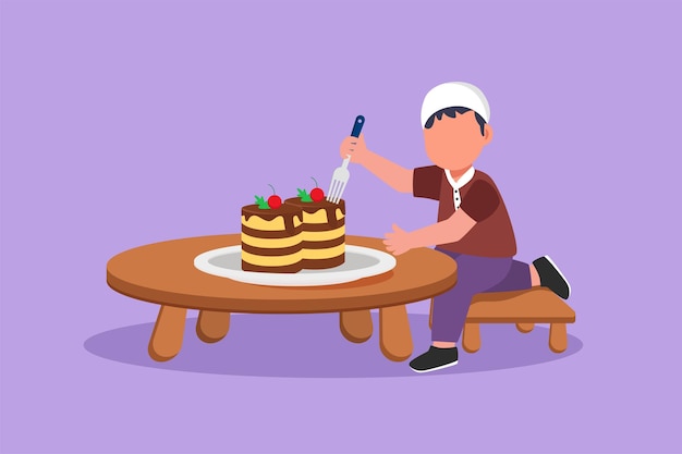 Karakter platte tekening gelukkig schattige kleine jongen romige verjaardagstaart eten aan tafel Schattig Arabisch kind geniet van zoet dessert snack Favoriete lekkere traktatie voor kinderen Cartoon ontwerp vectorillustratie