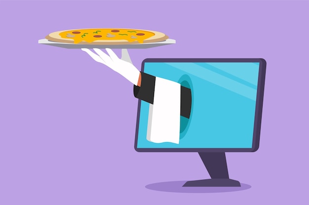 Karakter platte tekening handen uit computerscherm met dienblad open om heerlijke Italiaanse pizza te serveren Digitale app bestelling Online eten bezorgservice concept Cartoon ontwerp vectorillustratie