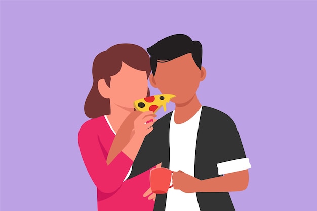 Karakter platte tekening jong koppel pizza delen knippen Man en vrouw samen Italiaanse pizza eten Vier jubilea en geniet van een romantische lunch in restaurant Cartoon design vector illustratie