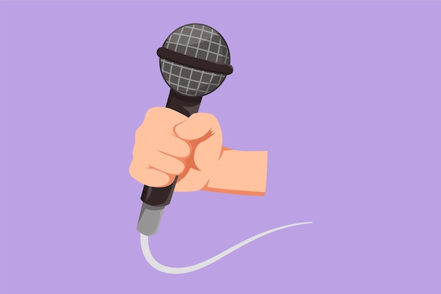Karakter platte tekening karaoke man zingt lied met microfoon Zanger houdt microfoon in zijn hand bij karaoke zanger zingt een lied Mic apparatuur voor muziekfestival Cartoon design vector illustratie