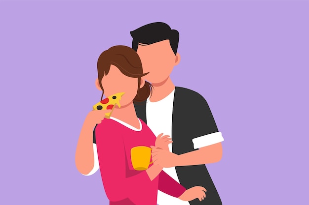 Karakter platte tekening man met mok koffie en voedende vrouw met heerlijke Italiaanse pizza Vier huwelijksverjaardagen en geniet van een romantisch moment in café Cartoon design vector illustratie
