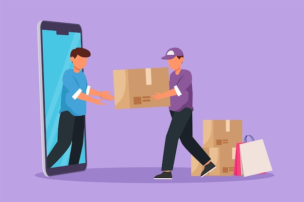 Karakter platte tekening mannelijke klant ontvangt verpakt pakket via smartphonescherm van mannelijke koerier Online bezorgservice concept Online winkeltechnologie Cartoon ontwerp vectorillustratie